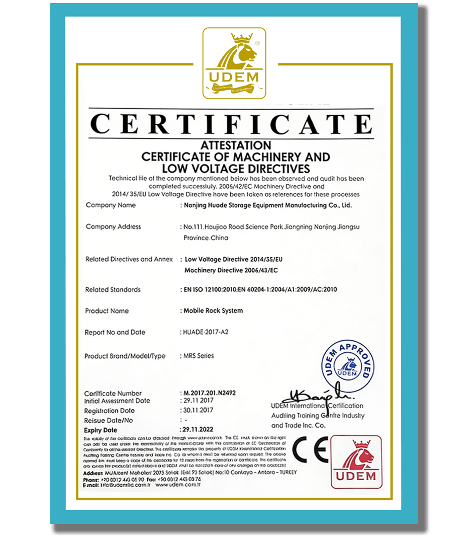 Huayide mobile rack system International certification
